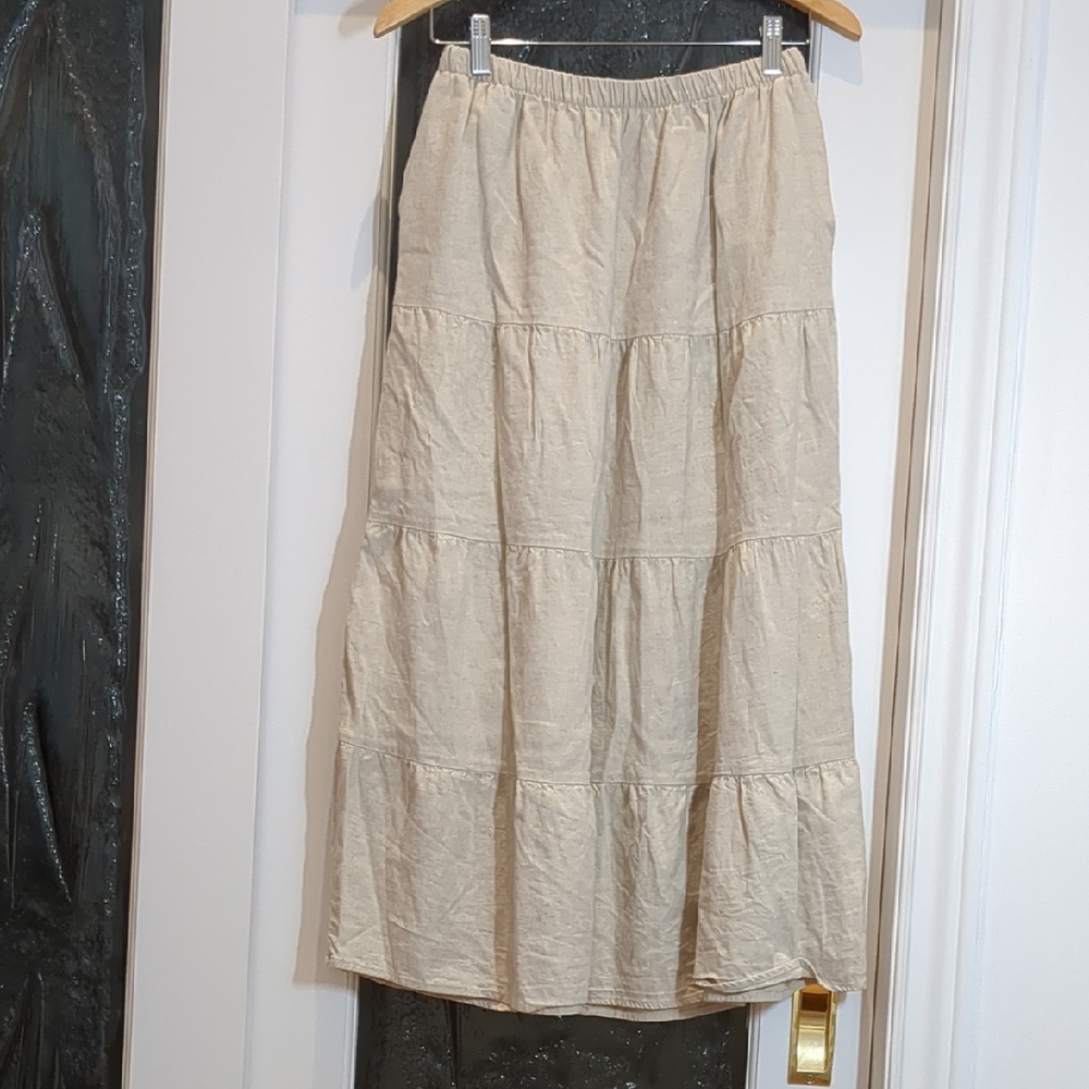 Hollister Tan Tiered Linen Blend Midi Skirt